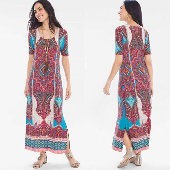CHICO'S WOMEN'S MULTICOLOR SHORT SLEEVE MEDALLION LONG DRESS Sz 0 Small - Picture 1 of 8
